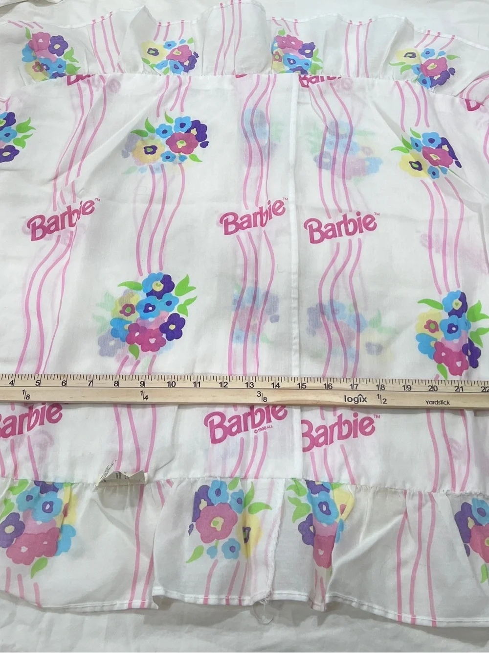 Vintage 1995 Barbie Pillow Sham Floral Pink Ruffle Bedding Made USA 27x19